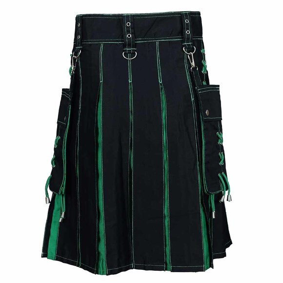 Fashion Utility Black Hybrid Kilt  Green Pleats and Lacing Highlander Kilt NEW - Picture 5 of 9